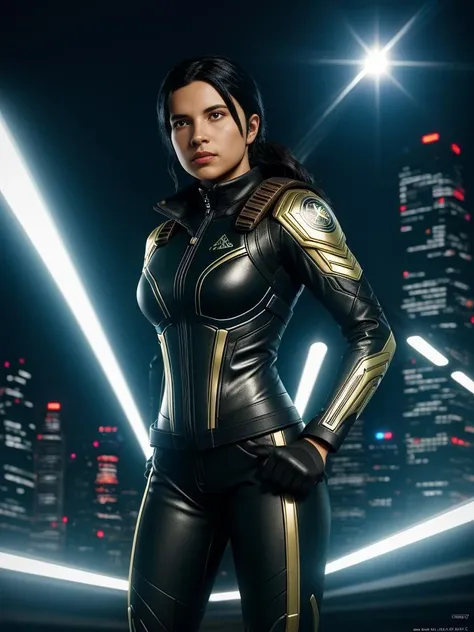 zu13ikha, full body, black hair, brown eyes, female superhero outfit with glowing LED piping, outdoor, night, futuristic city, atmospheric, upper body, <lora:Zuleikha_Robinson_PMv1_Lora:1.3>,, Photorealistic, Hyperrealistic, Hyperdetailed, analog style, soft lighting, subsurface scattering, realistic, heavy shadow, masterpiece, best quality, ultra realistic, 8k, golden ratio, Intricate, High Detail, film photography, soft focus