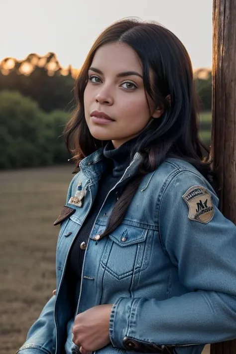 (RAW, analogue, Nikon Z 14mm ultra-wide angle lens, award-winning glamour photograph, ((best quality)), ((masterpiece)), ((realistic)), skin pores, subsurface scattering, radiant light rays, high-res, detailed facial features, high detail, sharp focus, smooth, aesthetic, extremely detailed, (extremely detailed eyes, extremely detailed iris), extremely detailed hair, extremely detailed skin, extremely detailed clothes, octane render, photorealistic, realistic, post-processing, max detail, realistic shadows, roughness, natural skin texture, real life, ultra-realistic, photorealism, photography, 8k UHD, photography, hdr, intricate, elegant, highly detailed, sharp focus, stunning, beautiful, gorgeous), (photorealistic), (realistic), zu13ikha, full body, brown eyes, (denim jacket:1.3), (black turtleneck sweater:1.1), jeans, lips, outdoors, on a ranch, leaning on a wooden post, looking at viewer, upper body, morning, bright, <lora:Zuleikha_Robinson_PMv1_Lora:1.3>,