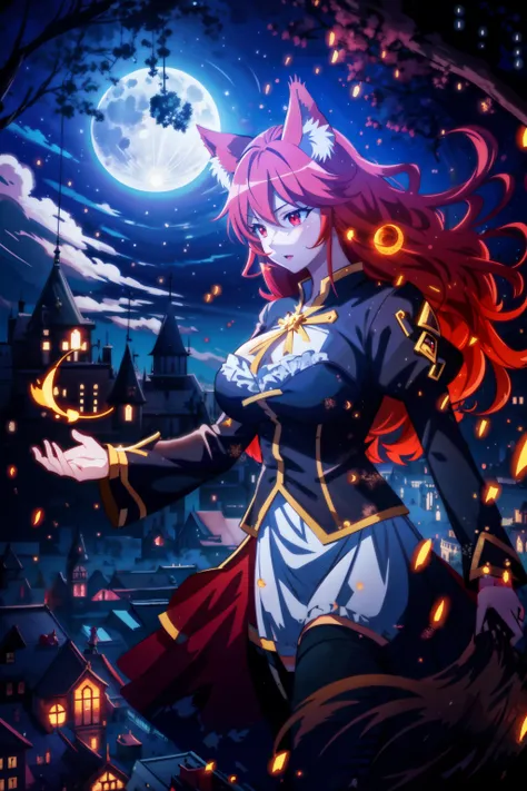 1girl, animal ears, cat eyes, bare tree, breasts, building, castle, city, cloud, crescent moon, full moon, long hair, moon, moonlight, night, night sky, outdoors, red eyes, red hair, red moon, sky, solo, star \(sky\), starry sky, thighhighs, tower, tree, <lora:Flay V1:0.6>