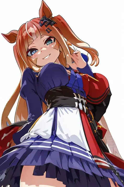 espoir_city(umamusume) , 1girl , standing , (evil smile ) ,hair ornament, multicolored hair, asanagi , mesugaki , young girl , upper body , red clothes, neckless, from below , laughing ,