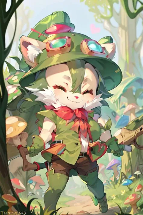mushroom, teemo, fur, fluffy, furry, solo, smile, 1boy, hat, holding, closed eyes,<lora:teemo:1>huge breasts