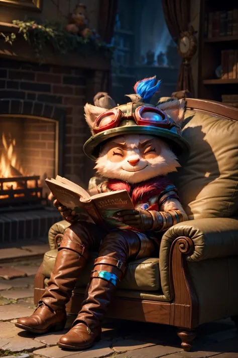 sitting in a couch, fireplace, chimney, reading a book, teemo, ^ ^, fur, furry, closed eyes, best quality, masterpiece <lora:teemo:1> <lora:add_detail:1>