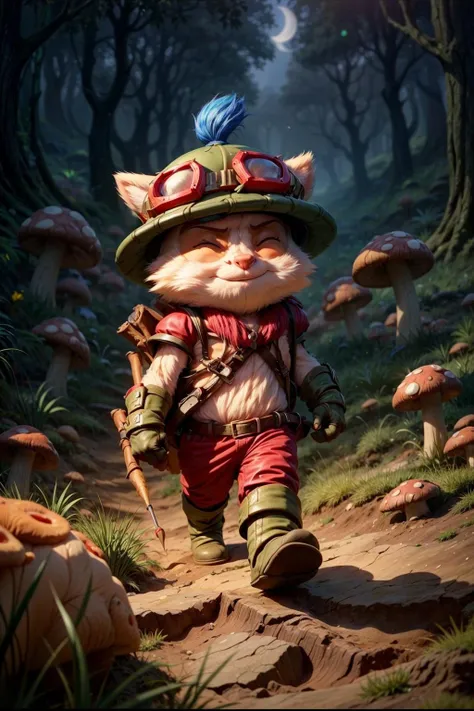 mushroom, mushroom field, 1boy, teemo, ^ ^, fur, furry, closed eyes, walking in the mushroom forest, best quality, masterpiece <lora:teemo:1> <lora:add_detail:1> night