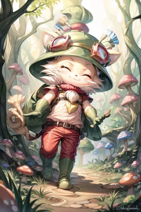 teemo, ^ ^, fur, furry, closed eyes, walking in the mushroom forest, best quality, masterpiece <lora:teemo:1> <lora:add_detail:1> night