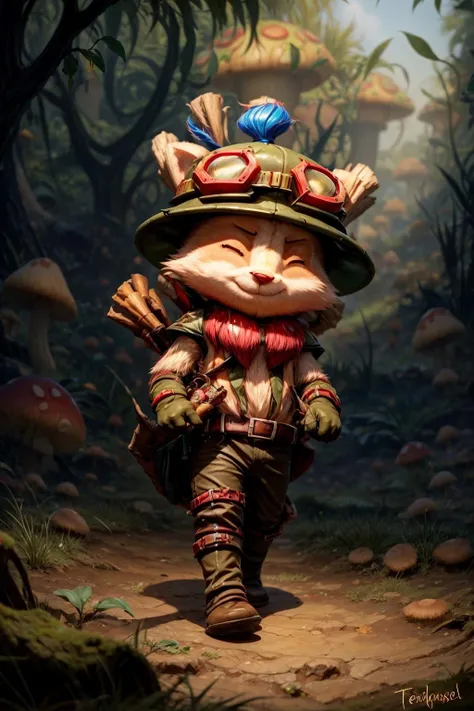 mushroom, teemo, ^ ^, fur, furry, closed eyes, walking in the mushroom field, best quality, masterpiece <lora:teemo:1> <lora:add_detail:1>