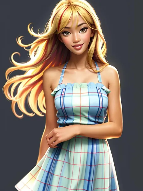Realistic photo of a beautiful n40m1c woman,1girl,solo,long hair,looking at viewer,smile,blonde hair,simple background,dress,bare shoulders,lips,plaid,traditional media,multicolored clothes,realistic,plaid dress,checkered dress, soft lighting, professional Photography, Photorealistic, detailed, RAW, analog, sharp focus, 8k, HD, high quality, masterpiece<lora:n40m1c:1.0>