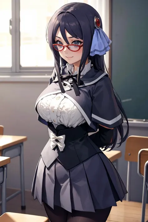 masterpiece, best quality, absurdres, 1girl, solo, MoyuMashima, long hair, hair ornament, glasses, black neck ribbon, yurigaoka girls academy school uniform, cropped jacket, detached sleeves, black corset, white bow, black skirt, black pantyhose, indoors, classroom, arms behind back, smile, <lora:MoyuMashima:1>