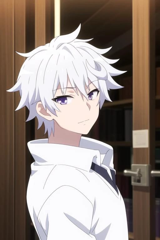 masterpiece, best quality, high quality, 1boy, solo, male focus, looking at viewer, upper body, <lora:ende:0.68>, ende, white hair, purple eyes, , school uniform