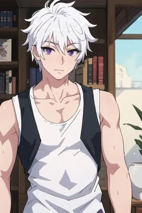 masterpiece, best quality, high quality, 1boy, solo, male focus, looking at viewer, upper body, <lora:ende:0.64>, ende, white hair, purple eyes, , tank top