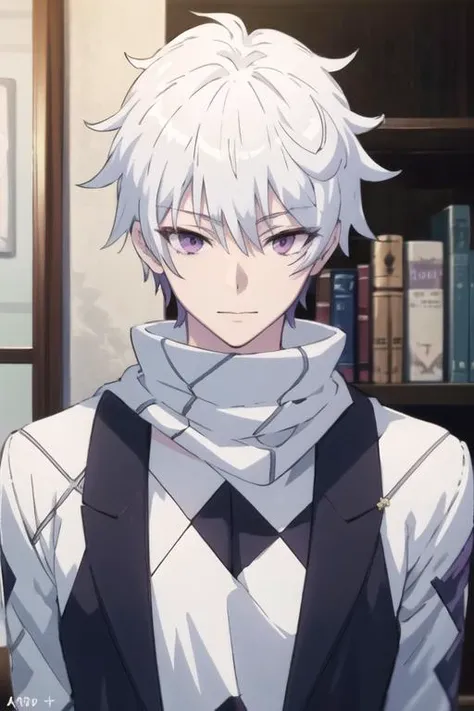 masterpiece, best quality, high quality, 1boy, solo, male focus, looking at viewer, upper body, <lora:ende:0.64>, ende, white hair, purple eyes, realistic,