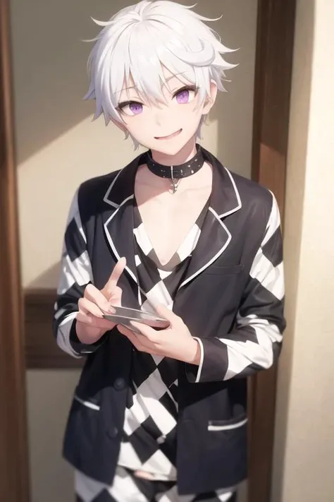 masterpiece, best quality, high quality, 1boy, solo, male focus, looking at viewer, upper body, <lora:ende:0.70>, ende, white hair, purple eyes, , pajamas