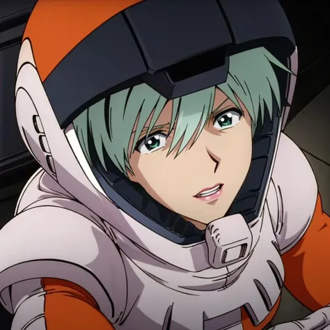 masterpiece,high quality,solo,
<lora:inahsakhalin001:0.7>,
inahsakhalin,1girl,
silvergreen hair,green eyes,lipstick,
spacehelmet,
orange pilot suit,
gloves,