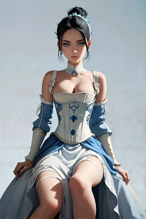 <lora:vintageprintcorsetbustier-freckledvixon:0.7>, ch1nac0rs3t, cleavage, overbust blue and white corset, black hair, space buns, blue eyes, long skirt, castle background || skin, hair, clothing, masterpiece, 8k, high resolution, shallow depth of field, sharp focus
