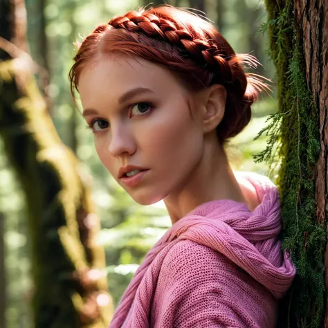 cinematic photo <lora:DollyLittle_SDXL_v2.0:1> 
RAW, sharp, face and torso focus, (skin pores: 0.1), braided crown (braided hair: 1.2), ((ohwx woman)) hyper detailed, subsurface scattering, caustics, cinematic, Cable knit Fringed shawl Cool pinks Leaning on tree trunk Backlit forest in style of Mert Alas Nikon Z9 24-70mm f/2.8 1/1000 3000 . 35mm photograph, film, bokeh, professional, 4k, highly detailed