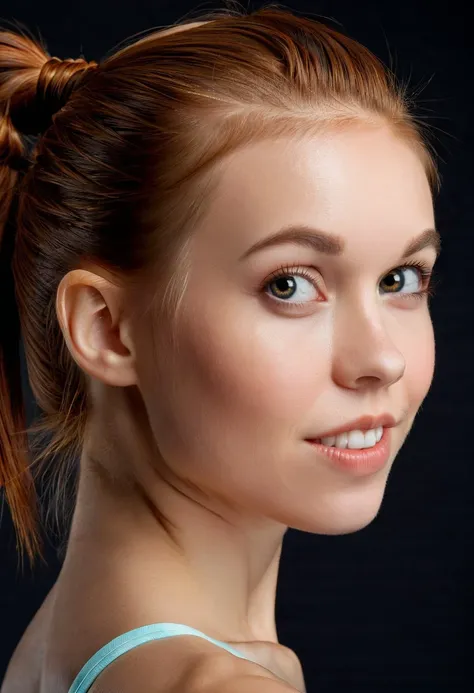 cinematic photo <lora:DollyLittle_SDXL_v2.0:1> (symmetrical ponytail:1.1) headshot, honest, RAW, cold tones, sharp, square shoulders, face focus, (skin pores:0.1), ((ohwx woman)) Annamaria Lacroix frames an artful close-up radiating innocence and joy. Thoughtful eyes happiness beyond the page. Photographed against a seamless canvas in Lacroix's signature softboxes sculpt subtle dimension. Scans from the Hasselblad H6D-400c and 150mm macro lens maintain lush tones.
