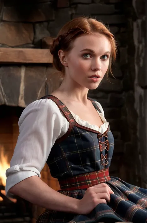 cinematic film still <lora:DollyLittle_SDXL_v2.0:1> 
realistic greatest beauty photo, accurate masterpiece perfect reproduction, dynamic scene, dynamic pose, dynamic scenario,
A fully incredibly detailed body photo of ohwx woman 
A candlelit, stone-walled Highland cottage with a roaring fire and plaid blankets,
intimate documentary film photography.
sharp focus, (detailed face), perfect detailed eyes, perfect focus,A traditional, Scottish Highland dress with a plaid bodice and long, flowing skirt, with a white blouse and lace-up boots, fabric emphasis, emotional, timeless classic, light and shadow contrast shot on a Panasonic GH5 for astonishingly accurate and detailed cinematography, 
 . shallow depth of field, vignette, highly detailed, high budget, bokeh, cinemascope, moody, epic, gorgeous, film grain, grainy
