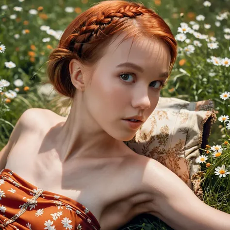 cinematic photo <lora:DollyLittle_SDXL_v2.0:1> 
RAW, sharp, face and torso focus, (skin pores: 0.1), side braid (braided hair: 1), ((ohwx woman)) hyper detailed, subsurface scattering, caustics, cinematic, Sundress Pearl necklace Warm oranges Reclining in wildflowers Bokeh in style of Annie Leibovitz Canon EOS R5 135mm f/2 . 35mm photograph, film, bokeh, professional, 4k, highly detailed