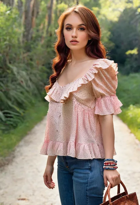 large format photo, of a ohwx woman, rule of thirds, 3/4 body photo, Urban Outfitters flowy ruffle-trim blouse in a pink and white floral print with puff sleeves,	Dark wash boyfriend fit jeans ripped at the knees,	stacked beaded bracelets, small woven tote bag, (smirk:0.3), intricate details, bokeh, shot on a Nikon Z6	Nikon Z 85mm f/1.8 S	F/2.8, 1/125s, ISO 100
<lora:DollyLittle_SDXL_v1.2a:1>