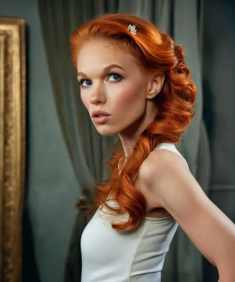 <lora:DollyLittle_SDXL_v1.2:1.25> The photorealistic studio quality photograph showcases a creative suave and surprising flair element, captured by the talented artist, David Lachapelle. The close-up, side view of the beautiful face of a redhead ((ohwx woman)) features a unique and unexpected twist, with the woman's auburn hair styled in a sleek, up-do with a few soft curls framing her face. The portrait is set in an opulent environment that enhances the overall aesthetic. The woman is wearing a Gucci blouse, adding an air of sophistication to the image. The lighting is carefully set up to highlight her features and create a stunning visual effect. The photograph is taken with an 85mm lens, f/1.8 aperture, 1/125s shutter speed, and ISO 100. The image exhibits sharp focus, 8K resolution, and high res quality, making it a masterpiece. The photograph was shot on a Canon EOS R, using natural light and flash to achieve the perfect balance of lighting. The woman's pale skin, combined with her elegant attire, opulent setting, and the creative flair brought by David Lachapelle, enhance the overall appeal of the photograph.
