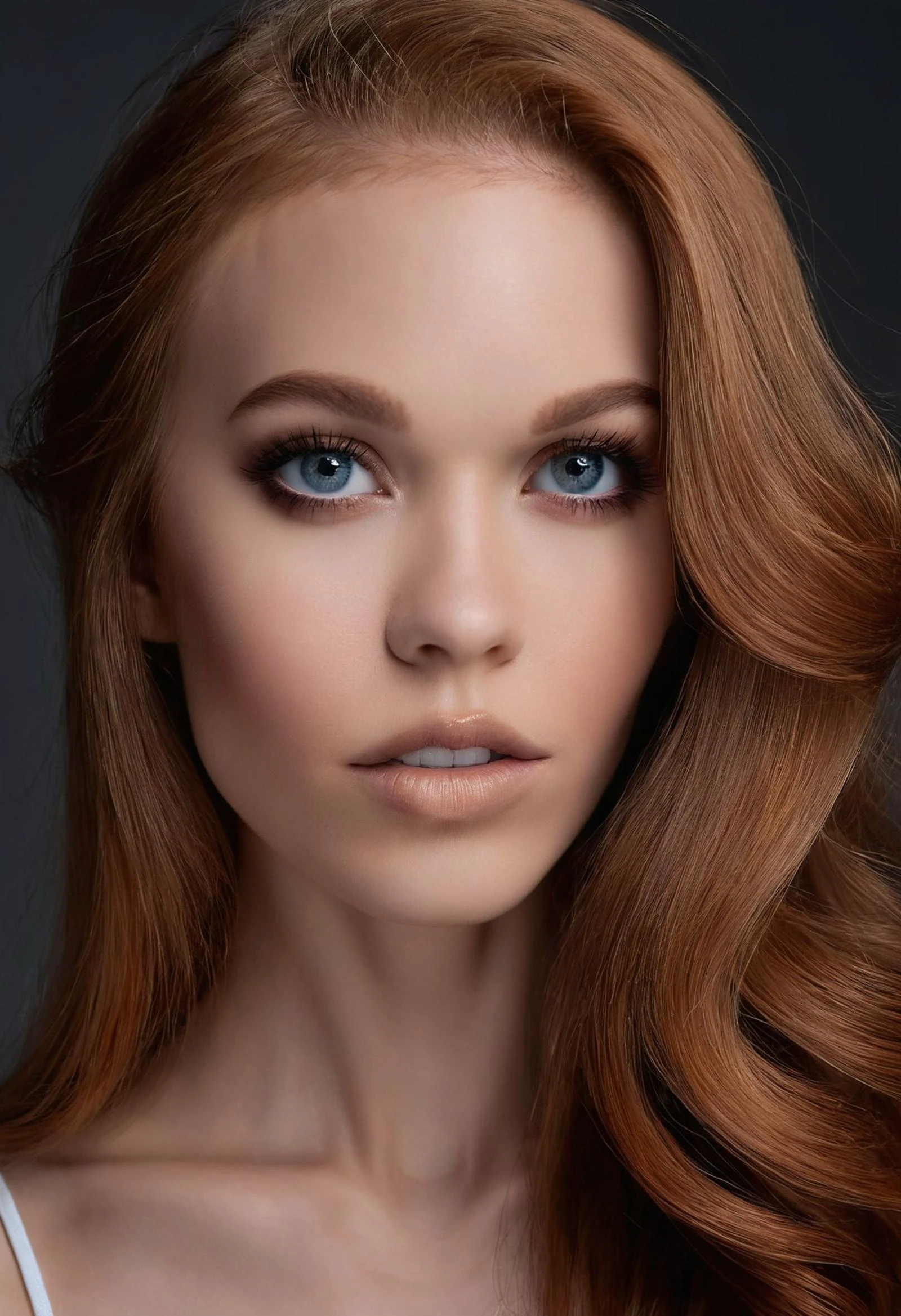 cinematic photo <lora:DollyLittle_SDXL_v2.0a:1> beauty photo, (face focus) portrait, symmetrical (close-up headshot:1.1), ((ohwx woman)), long hair, gorgeous hairstyle, minimal accessories let inherent beauty shine, captivating eyes lit with soft diffused strobes floating seamlessly against a gray backdrop, portrait style revealed with nuance by acclaimed British photographer Rankin using his studio to optimum effect. . 35mm photograph, film, bokeh, professional, 4k, highly detailed