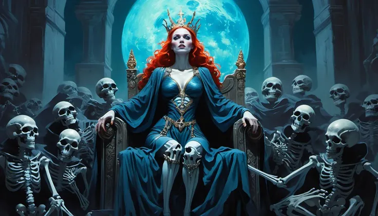 ethereal fantasy concept art , looking up, medium shot, portrait painting  , dystopian surrealism, sitting on a throne with legs crossed ,dressed as a nightmarish sorcerer queen, clothed in robes, regal ,ohwx woman, red hair,  surrounded by her skeleton army,  in a  "Frank Frazetta" style painting  <lora:DollyLittle_SDXL_v1.2a:0.6> . magnificent, celestial, ethereal, painterly, epic, majestic, magical, fantasy art, cover art, dreamy