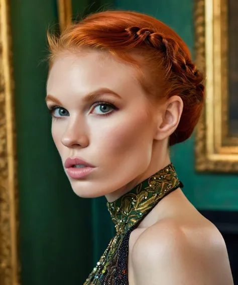 <lora:DollyLittle_SDXL_v1.2-000014:1> The photorealistic studio quality photograph showcases a creative suave and surprising flair element, captured by the talented artist, David Lachapelle. The close-up, side view of the beautiful face of a redhead ((ohwx woman)) features a unique and unexpected twist, with the woman's auburn hair styled in a sleek, up-do with a few soft curls framing her face. The portrait is set in an opulent environment that enhances the overall aesthetic. The woman is wearing a Gucci blouse, adding an air of sophistication to the image. The lighting is carefully set up to highlight her features and create a stunning visual effect. The photograph is taken with an 85mm lens, f/1.8 aperture, 1/125s shutter speed, and ISO 100. The image exhibits sharp focus, 8K resolution, and high res quality, making it a masterpiece. The photograph was shot on a Canon EOS R, using natural light and flash to achieve the perfect balance of lighting. The woman's pale skin, combined with her elegant attire, opulent setting, and the creative flair brought by David Lachapelle, enhance the overall appeal of the photograph.