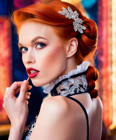 <lora:DollyLittle_SDXL_v1.2:1.25>  The photorealistic studio quality glam photograph showcases a creative suave and surprising flair element, captured by the talented artist, David Lachapelle. The close-up, side view of the beautiful face of a redhead ((ohwx woman)) features a unique and unexpected twist, with the woman's auburn hair styled in an aggressive avant garde hairstyle. The portrait is set in an opulent environment that enhances the overall aesthetic. The woman is wearing a Carolina Herrera       A-line dress    Hand-stitched lace, delicate tulle underlay, adding an air of sophistication to the image. The lighting is carefully set up to highlight her features and create a stunning visual effect. The photograph is taken with an 85mm lens, f/1.8 aperture, 1/125s shutter speed, and ISO 100. The image exhibits sharp focus, 8K resolution, and high res quality, making it a masterpiece. The photograph was shot on a Canon EOS R, using natural light and flash to achieve the perfect balance of lighting. The woman's pale skin, combined with her elegant attire, opulent setting, and the creative flair brought by David Lachapelle, enhance the overall appeal of the photograph.