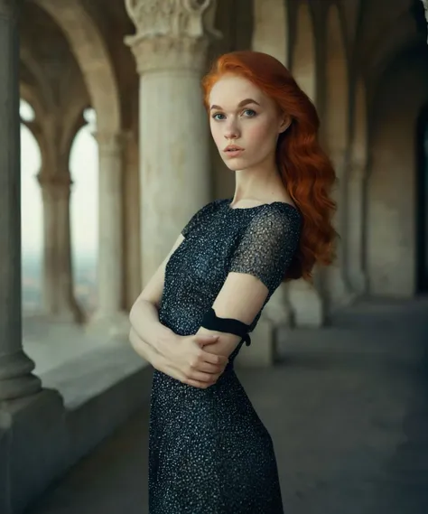 <lora:DollyLittle_SDXL_v1.2-000014:1> ((ohwx))
(cinematic photo:1.2)
astonishingly beautiful photographic output, the petite redhead is captured in a serene, perfectly still portrait, standing amidst a grand view that is covered by a dreamy bokeh effect. The photograph, taken by renowned artists Annie Leibovitz and Paolo Roversi, showcases the woman's grace and poise, as she poses with her body angled slightly towards the camera. The lighting is soft and flattering, enhancing the overall aesthetic of the image. The photograph is taken with an 85mm lens, f/1.8 aperture, 1/125s shutter speed, and ISO 100. The image exhibits sharp focus, 8K resolution, and high res quality, making it a masterpiece. The photograph was shot on a Canon EOS R, using natural light and flash to achieve the perfect balance of lighting. The woman's attire and the grand view enhance the overall appeal of the photograph.