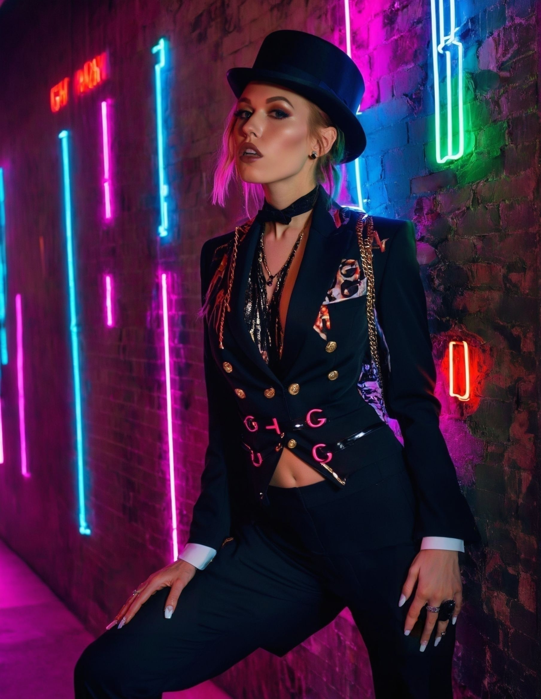A woman in a black suit and hat posing in front of neon lights - SeaArt AI