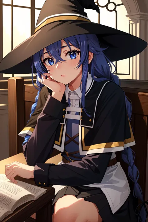 (masterpiece, best quality), intricate details,
1girl, <lora:roxy_migurdia-10:0.8> roxy_migurdia, long hair, braid, hair between eyes, twin braids, very long hair, long sleeves, hat, witch hat, ahoge, crossed bangs, black headwear, skirt, shirt, ribbon, capelet
indoors, church, head resting on hand,