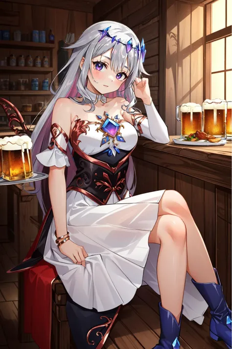 (masterpiece, best quality), intricate details,
1girl, <lora:KitsuneAi-KosekiBijou-LoCon32-V0_5-000008:0.8> koseki bijou, white dress, detached sleeves, bare shoulders, wings, strapless, crystal, collarbone, short sleeves, white sleeves, strapless dress, boots
indoors, sitting on chair, tavern, mug of ale, beer, food on platter, medieval, fantasy,