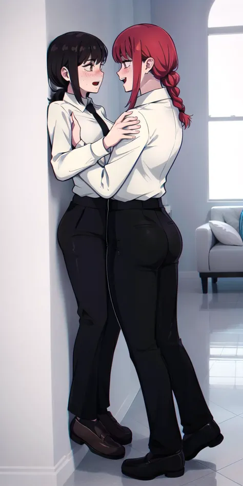 absurdres, highres, ultra detailed, realistic, <lora:KobeniMakimaAndPowerV1.2:0.8>, (2girls:1.1), (kobeni:1.1), single sidelock, short hair, nervous, (makima:1.1), braided ponytail, brown eyes, (white shirt:1.1), long sleeves, necktie, black pants, formal, lauren phillips lifting alice merchesi \(meme\), looking at another, blush, yuri, eye contact, height difference, smile, ass, kabedon, standing, against wall, open mouth, tall female, thighs, full body, indoors, <lora:MEME_lauren_phillips_lifting_alice_merchesi_ownwaifu:0.7>