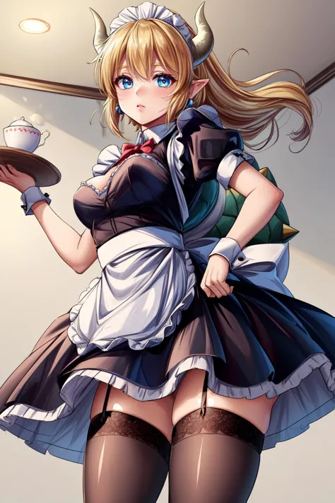 <lora:GoodHands-vanilla:1> , <lora:add_detail:1>, ((masterpiece)), (best quality:1.7), <lora:bows1:0.5> bowsette, blond hair, horns, ((( puffy little skirt with stockings and a maid outfit with those frilly sleeves))), (((cute little head piece that has a bow)))