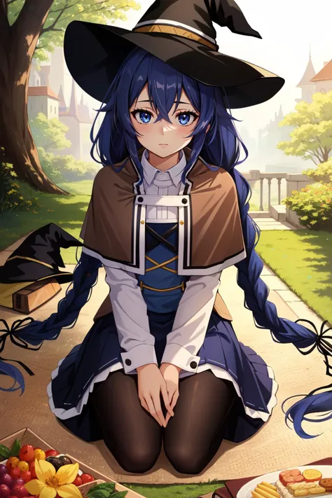 (masterpiece, best quality),  intricate details,
1girl,   <lora:roxy_migurdia-10:0.8> roxy_migurdia, long hair, braid, hair between eyes, twin braids, very long hair, long sleeves, hat, witch hat, ahoge, crossed bangs, black headwear, skirt, shirt, ribbon, capelet
outdoors, picnic, sunny, kneeling, seiza,