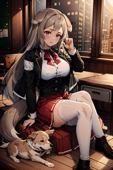 (masterpiece, best quality, ultra detailed:1.4), beautiful face, high quality eyes
detailed background, school, school desk, castle
sitting at desk, thighs, legs
<lora:PursenaAdoldiaNDV-10:0.8> PursenaAdoldiaNDV, 1girl, gray hair, red eyes, large breasts, long hair, academy uniform, red skirt, white shirt, open jacket, corset, animal ears, dog ears, red bow, ribbon