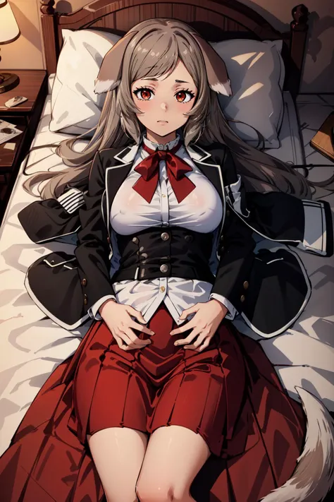 (masterpiece, best quality),  intricate details,
1girl,    <lora:pursena_adoldia-10:0.8> pursena_adoldia, 1girl, long hair, animal ears, dog ears, solo, skirt, long sleeves, large breasts, very long hair, red skirt, jacket, tail, dog tail, shirt, bow, white shirt, bowtie, red bow, brown eyes
on back, on bed,