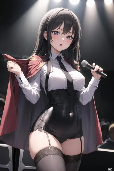 masterpiece, best quality, detailed, 1girl, black hair, formal shirt, thighhighs, thighs, medium breasts, cape, concert