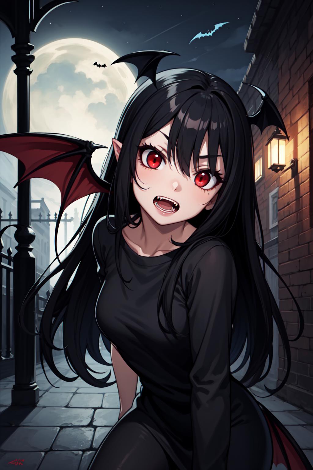 A woman with long black hair and red eyes standing in front of a ...