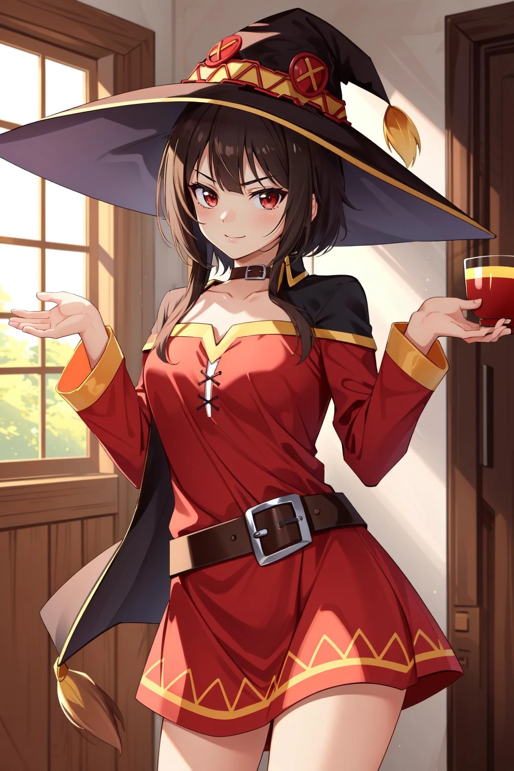 (masterpiece, best quality), intricate details,
1girl, <lora:megumin-10:0.8> megumin, short hair, dress, red dress, hat, witch hat, belt
indoors, shrugging, smug,