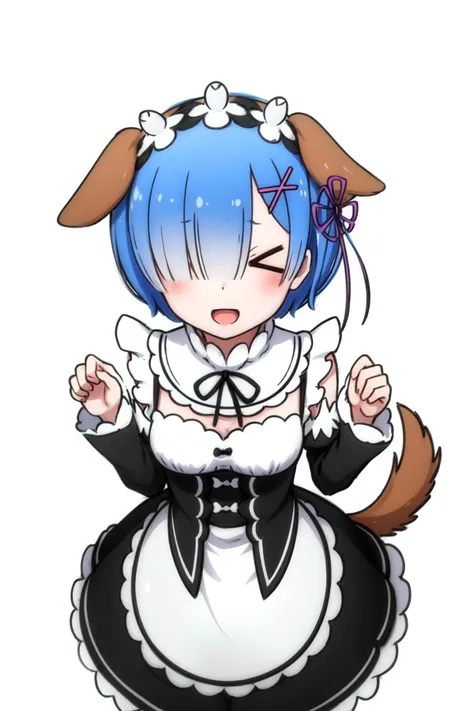 masterpiece, best quality, <lora:OniSisters53lyco-000011:1> 1girl, remrin, hair over one eye, x hair ornament, floppydogears, brown dog ears, dog tail, maid, maid headdress, hair ribbon, detached collar, roswaal mansion maid uniform, detached sleeves, frilled apron, looking at viewer, :d, hands up, clenched hands, from above, simple background, <lora:FloppyDogEars2:1>  <lora:hotarueye_comic1_v100:1>