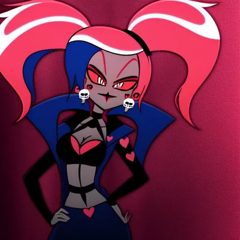 solo, woman, comics, pink hair, red eyes, anime, skull hair ornament, breasts, clothing cutout, dark skin, twintails, cleavage, choker, colored skin, hand on hip, <lora:Velvette_Hazbin_Hotel:1>