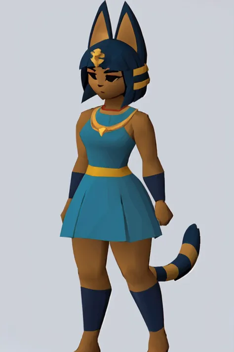 masterpiece, best quality, <lora:AnkhaaaV1.3-000012:0.8>, ankha, solo, catgirl, blue hair, hair ornament, yellow skin, black eyes, white dress, full body, standing, simple background, <lora:OSRSNPCS:0.6>