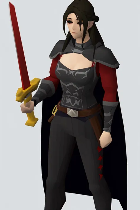 masterpiece, best quality, <lora:SeranaaaaV3.5:0.6>, 1girl, serana, black hair, long hair, cape, armor, cleavage cutout, red sleeves, arm guards, black pants, holding, sword, full body, simple background, <lora:OSRSNPCS:0.6>