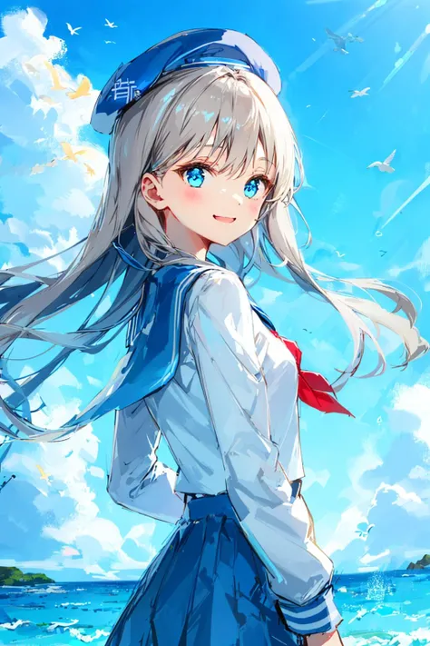 1girl, cloud, sky, cloudy_sky, hat, blue_sky, day, solo, long_hair, blue_eyes, beret, smile, outdoors, sailor_collar, looking_at_viewer, blue_sailor_collar, bangs, upper_body, blush, white_shirt, closed_mouth, shirt, brown_hair, serafuku, short_sleeves, school_uniform, looking_to_the_side, bow, blue_headwear, from_side, ocean, horizon, floating_hair <lora:style_Animi:0.8>