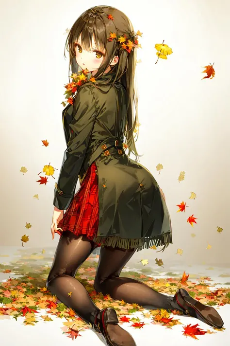 1girl, starfish, plaid, anger_vein, ginkgo_leaf, leaf_background, spoken_anger_vein, leaf_print, pantyhose, aki_shizuha, shimada_arisu, solo, feet, plaid_skirt, sweet_potato, looking_at_viewer, looking_back, skirt, red_skirt, leaf_on_head, long_hair, gradient_background, suspenders, gradient, acorn, brown_coat, no_shoes, long_sleeves, soles, black_legwear, black_blouse, ribbon, suspender_skirt, hair_ribbon, coat, feet_up, bangs, from_behind, plaid_scarf, casual, shirt, closed_mouth, fringe_trim, brown_eyes, plaid_dress, ass, blush, black_coat, plaid_shirt, hand_on_hip, one_side_up, coat_removed, thighband_pantyhose, full_body, eyebrows_visible_through_hair, black_ribbon, open_clothes, jacket, grey_background, kneeling, autumn, autumn_leaves, falling_leaves, holding_leaf, leaf, maple_leaf, leaf_hair_ornament, <lora:style_Animi:1>