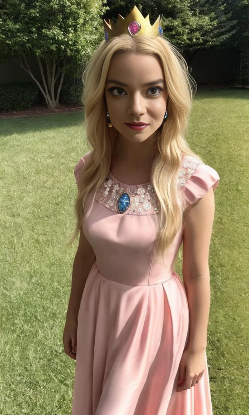 <lora:princessPeachCharacter_v10:1>:1.3, ((RAW, analog style)), ((Close Full Body)) shot of <lora:anyaTaylorJoy_anyaTaylorJoy:1> standing on the grass, masterpiece, best quality, standing, perfect body, 1girl, mature face, realistic, true light, colourful, foreshortening, extremely detailed 8K, smooth, high resolution, ultra quality, highly detail eyes, highly detail mouth, highly detailed face, perfect eyes, both eyes are the same, Global illumination, real hair movement, realistic light, realistic shadow, real face, hd, 2k, 4k, 8k, 16k, photorealistic, full body portrait, from head to toe, long pink dress, golden crown, pink heels, Princess Peach, fantasy background