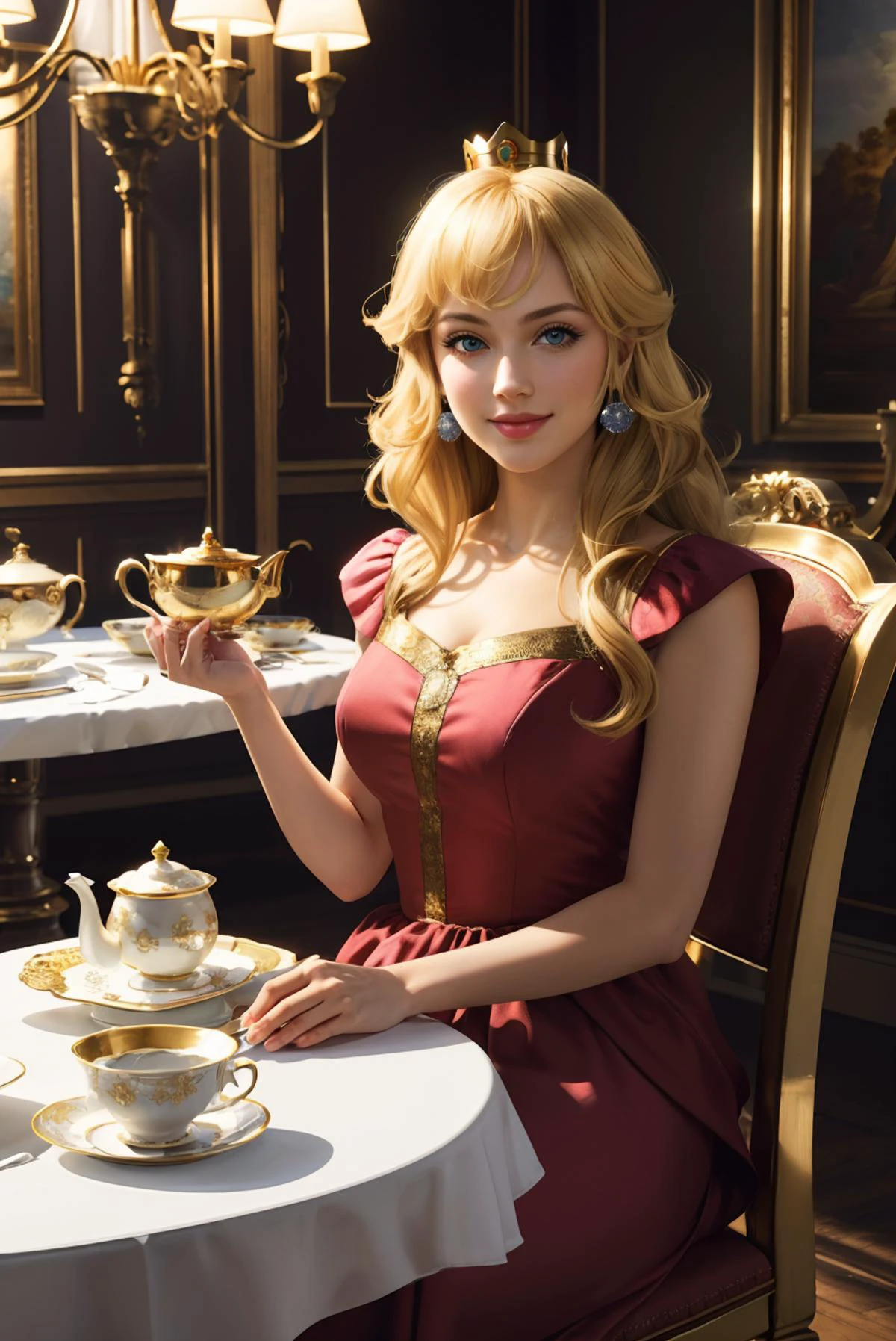Princess Peach, blonde hair, blue eyes, gold crown, pink dress, looking at viewer, smiling,
sitting in a fancy dining room, holding tea cup, tea set, pasteries on table, <lora:ppeach:.8> extremely detailed, royal ambiance, HDR