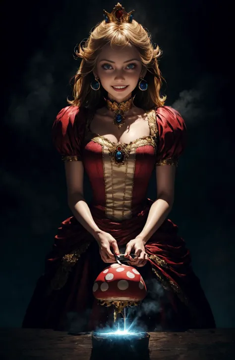 masterpiece, best quality, ((realistic)), (She's cutting a big red mushroom:1.3), 1girl, portrait,
black background, fog, god ray, pink dress, Princess, gorgeous, Victoria era, crown, dark theme,
dark persona, (evil grin:1.3), celestial, light particles, halo, looking at viewer, glowing halo, glowing particles,
bioluminescent, vibrant, (glowing, glow), (beautiful composition), cinematic lighting, intricate,
<lora:ppeach:1.2> <lora:ButterflyX:0.35> <lora:CrystallineAI:0.2> <lora:LowRA:0.7> <lora:epiNoiseoffset_v2Pynoise:1> <lora:add_detail:0.5> <lora:angelx_halo_lora01:0.46>,