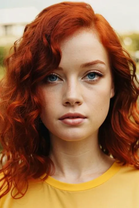 beautiful ginger woman, <lora:janelevy:0.8>, red hair, yellow shirt, selfie, full body shot, RAW candid cinema, 16mm, color graded portra 400 film, remarkable color, ultra realistic, remarkable detailed pupils, shot with cinematic camera