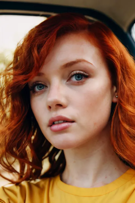 beautiful ginger woman, <lora:janelevy:0.8>, red hair, yellow shirt, selfie, full body shot, RAW candid cinema, 16mm, color graded portra 400 film, remarkable color, ultra realistic, remarkable detailed pupils, shot with cinematic camera